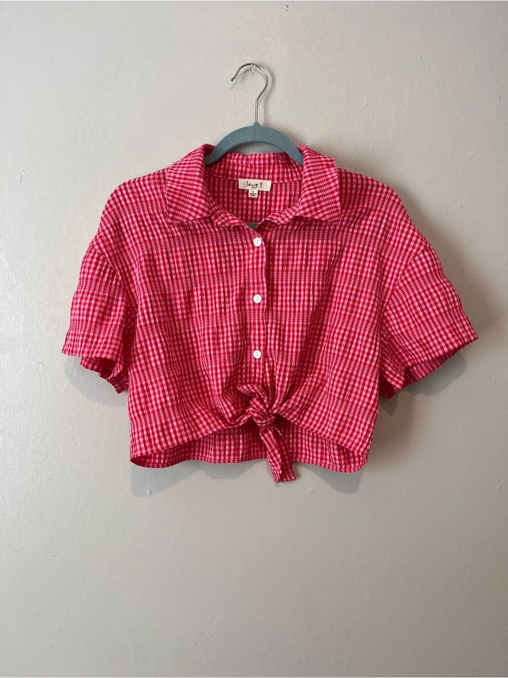 Red and Pink Gingham Tie-Front Crop Button-Up Top and matching shorts